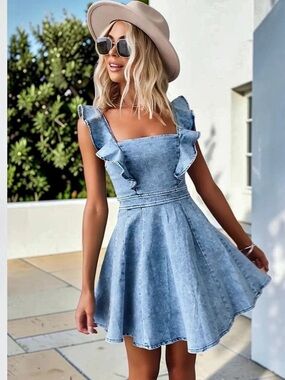 Utcoco Denim Ruffle Mini Dress in Blue Size Small NWT